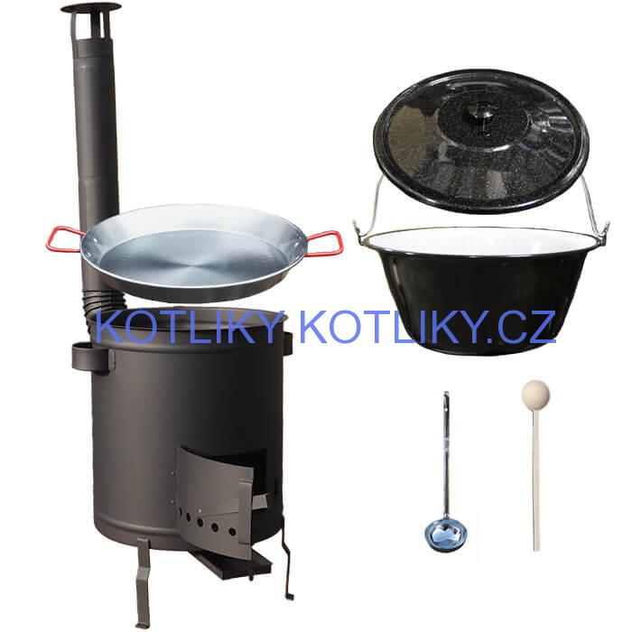 Smaltovaný kotlík 13 L (1,2 mm) + Paella pánev 38 cm + silnostěnná (1,5 mm) žáruvzdorná kotlina (1,5 mm) 36 PLUS 600