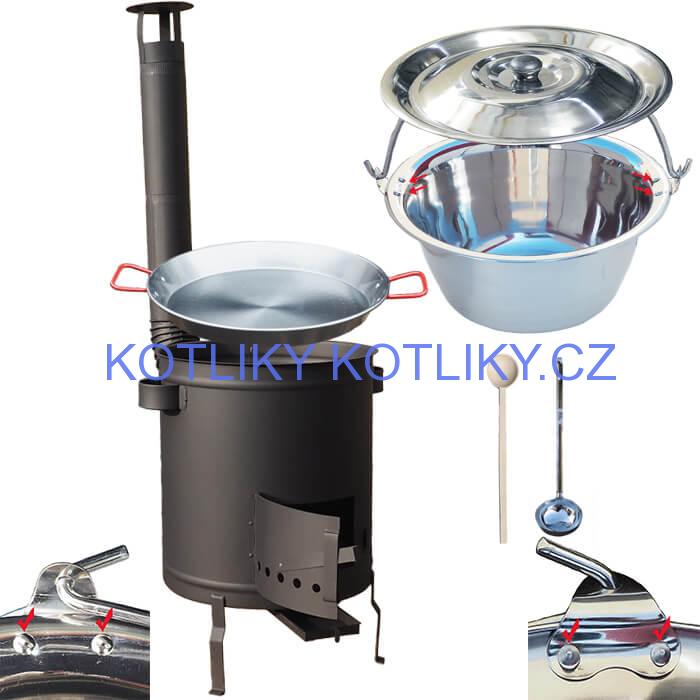 Nerezový kotlík 15 L (0,8 mm) zesílený s nýty + Paella pánev 38 cm + silnostěnná (1,5 mm) žáruvzdorná kotlina 36 PLUS 600