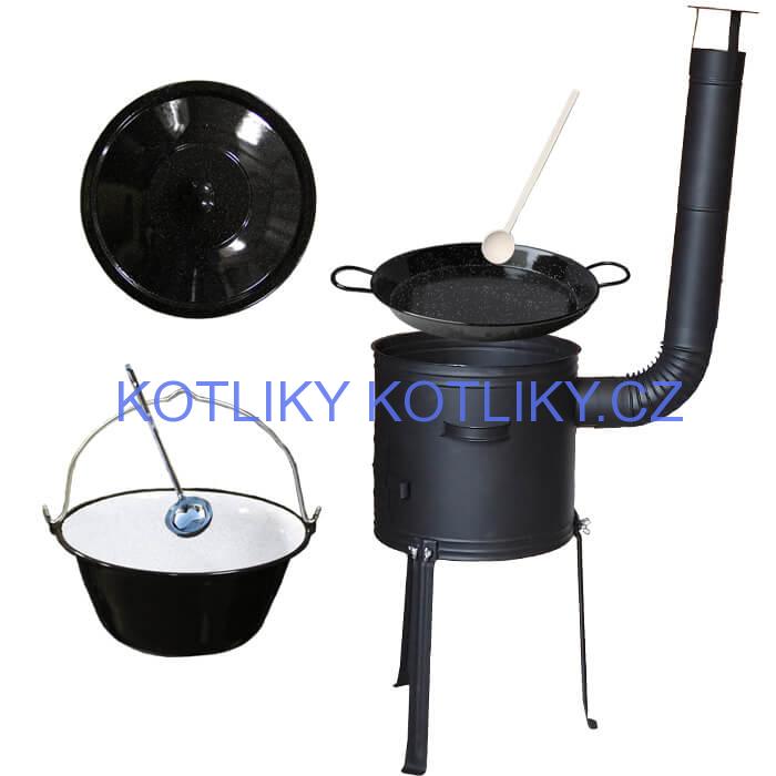 Smaltovaný kotlík 20 L + Paella pánev 46 cm + kovová kotlina s vysokými nožičkami 42 cm, žáruvzdorná barva Plus 700