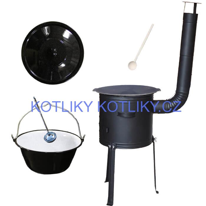 Smaltovaný kotlík 25 L + Litinová pánev 45 cm + kovová kotlina s vysokými nožičkami 42 cm, žáruvzdorná barva Plus 700