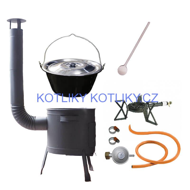 Smaltovaný kotlík (1,2 mm) 25 L + litinový hořák 5,5 kW + nízká kotlina 42 PLUS 600 + nerezová poklice INOX