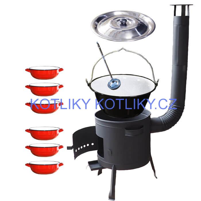 Smaltovaný kotlík 20 L + selské misky 6 ks + nízká žáruvzdorná kotlina 42 cm PLUS 600