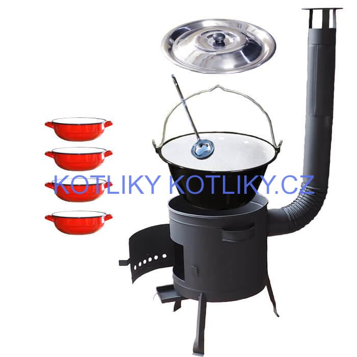 Smaltovaný kotlík 30 L + selské misky 4 ks + nízká žáruvzdorná kotlina 45 cm PLUS 600