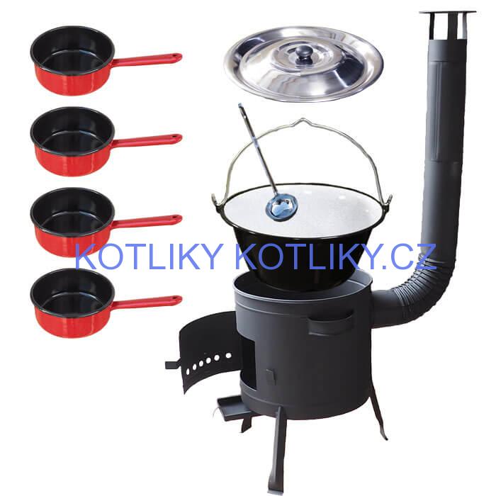 Smaltovaný kotlík 16 L + smaltované rendlíky 4 ks + nízká žáruvzdorná kotlina 39 cm PLUS 600