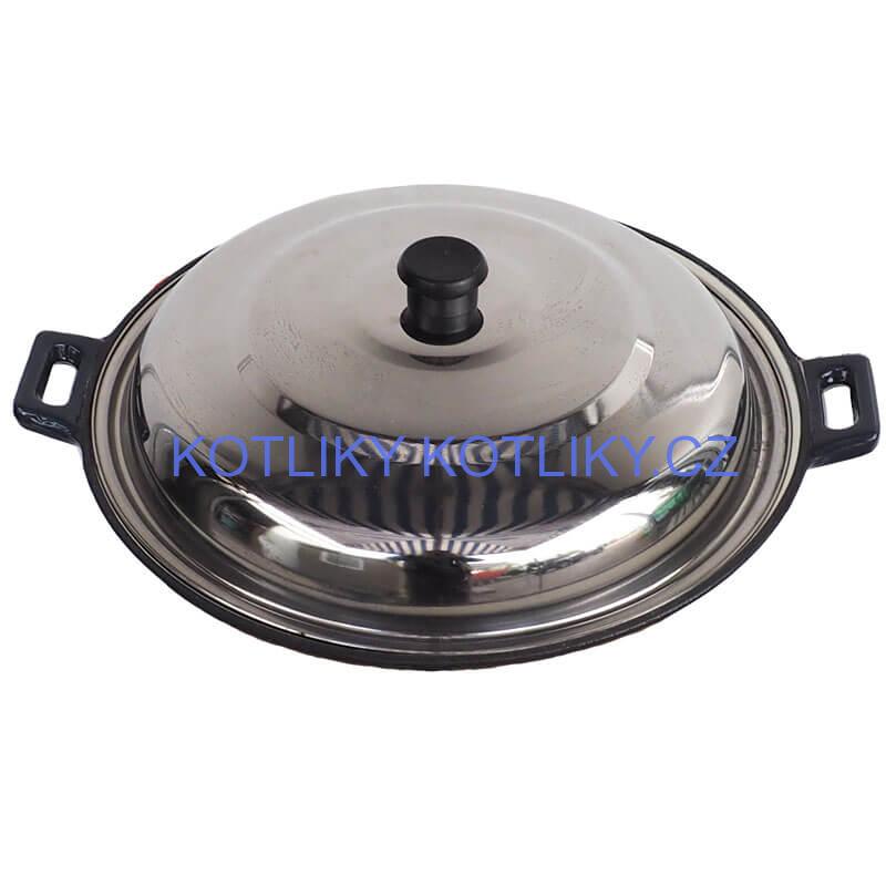 Litinový wok – smaltovaný povrch 37 cm + nerezová poklice