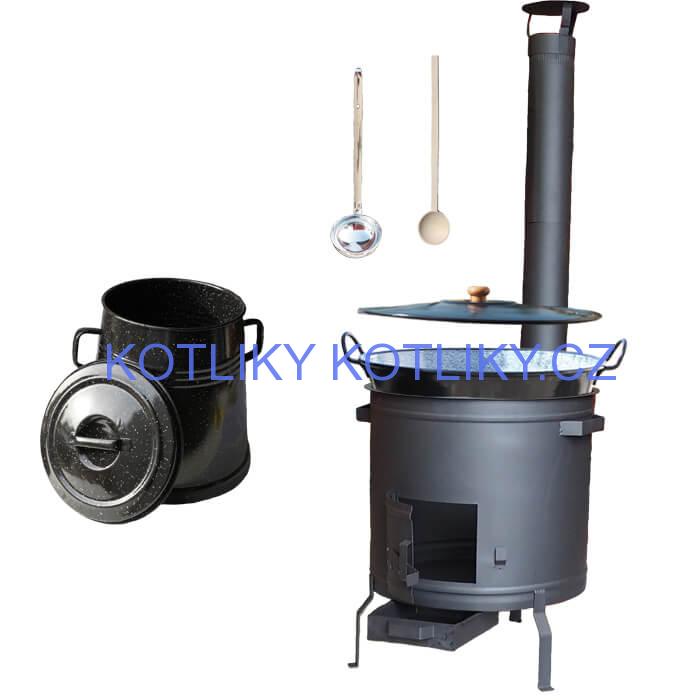 Smaltovaný kotel 50 L + žáruvzdorná kotlina 50 cm PLUS 600 + Nádoba na sádlo 10 L