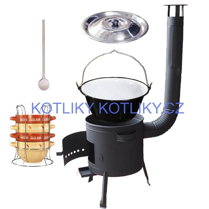 Smaltovaný kotlík 25 L (1,2 mm) + misky na guláš 4 ks + nízká žáruvzdorná kotlina 42 PLUS 600