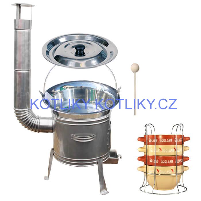 Nerezový kotlík 22 L (0,8 mm) INOX + misky na guláš 4 ks + nerezová kotlina 42 cm TOPLUX