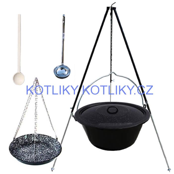 Smaltovaný kotlík 30 L + pánev na grilování + teleskopická trojnožka