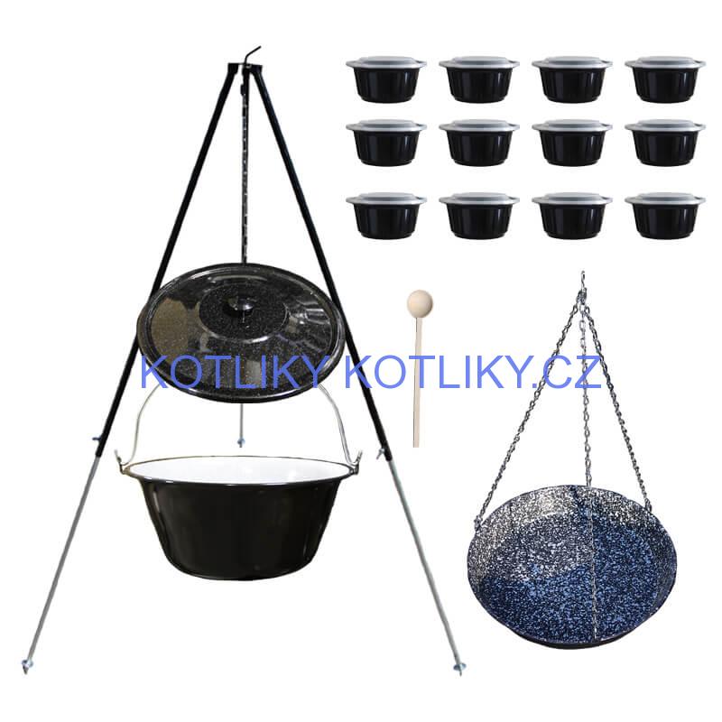 Smaltovaný kotlík 30 L + pánev na grilování + teleskopická trojnožka + misky 12 ks