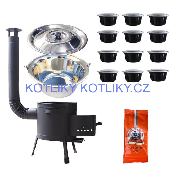 Nerezový kotlík 22 L (0,8 mm) + pepř na guláš 100 g + misky 12 ks + nízká žáruvzdorná kotlina (0,8 mm) 42 PLUS 600