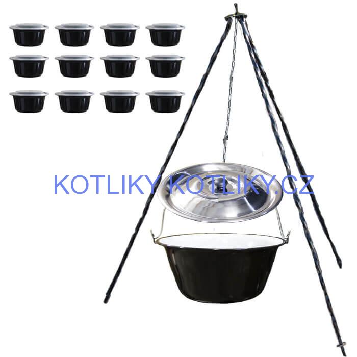 Smaltovaný kotlík 10 L (1,2 mm) + nerezová poklice + trojnožka 1,20 m + misky 12 ks
