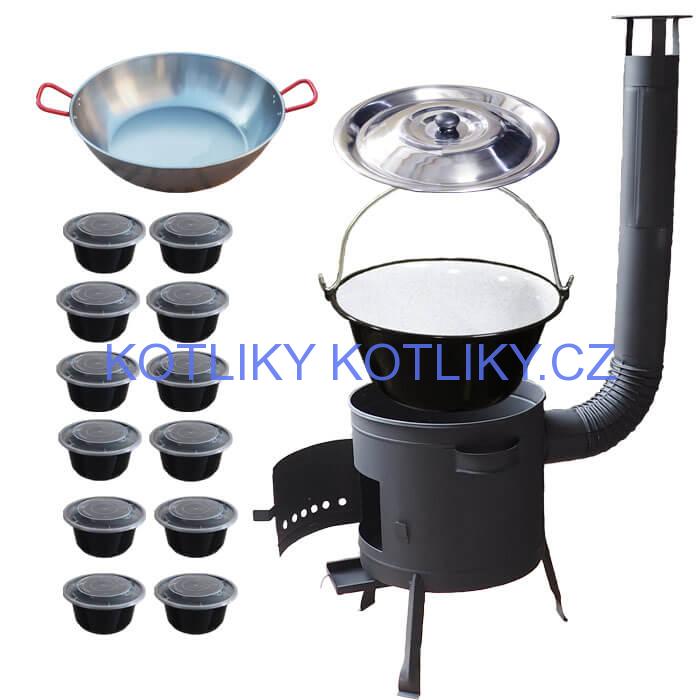Smaltovaný kotlík 22 L + Pánev PAELLA (WOK) 45 cm + misky 12 ks + nízká kotlina 42 PLUS 600