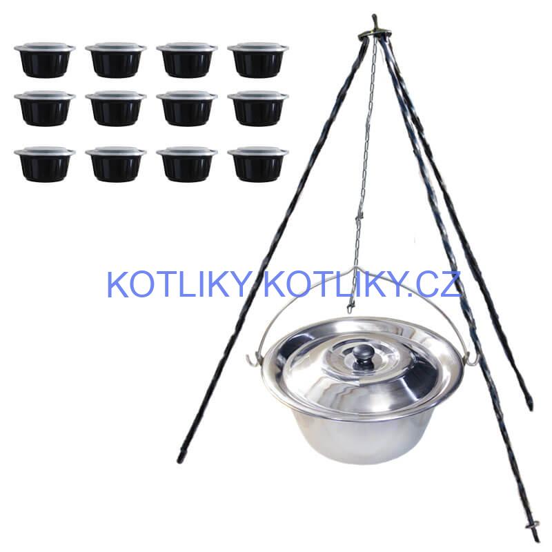 Nerezový kotlík 10 L (0,8 mm) INOX + poklice + trojnožka 1,20 m + misky 12 ks