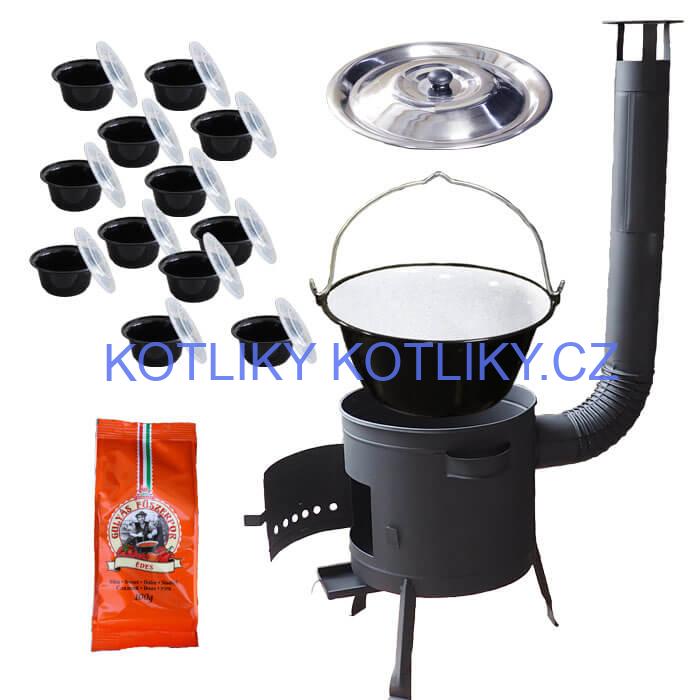 Smaltovaný kotlík 20 L (1,2 mm) + poklice + misky 12 ks + nízká žáruvzdorná kotlina (0,8 mm) 42 PLUS 600