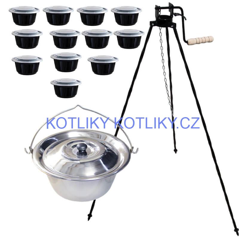 Nerezový kotlík 20 L (0,8 mm) INOX + stojan s kladkou VAR + misky 12 ks