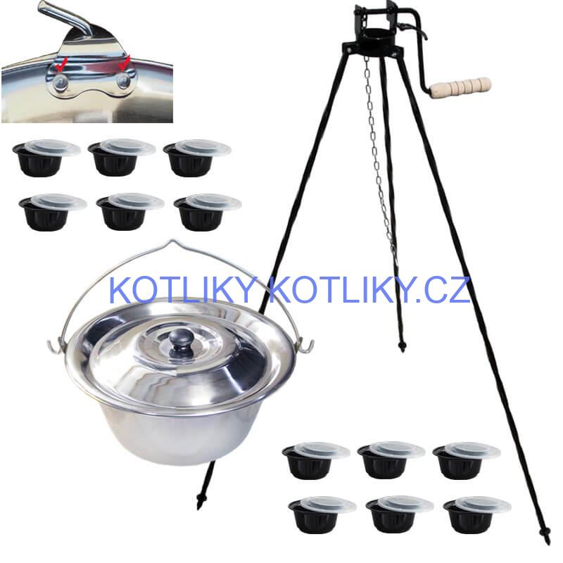 Nerezový kotlík 15 L (0,8 mm) s nýty + stojan s kladkou VAR + misky 12 ks