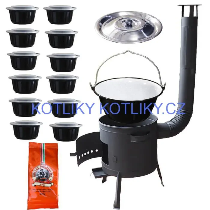 Smaltovaný kotlík 25 L (1,2 mm) + silnostěnná (1,5 mm) žáruvzdorná kotlina BALKY STRONG 42 PLUS 600 + misky 12 ks + paprikové koření na guláš 100 g