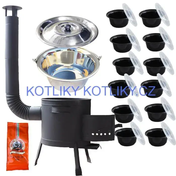 Nerezový kotlík 22 L (0,8 mm) INOX + silnostěnná (1,5 mm) žáruvzdorná kotlina BALKY STRONG 42 PLUS 600 + misky 12 ks + paprikové koření na guláš 100 g