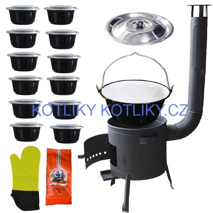 Smaltovaný kotlík 22 L (1,2 mm) + misky 12 ks + nízká žáruvzdorná kotlina (1,5 mm) 42 PLUS 600