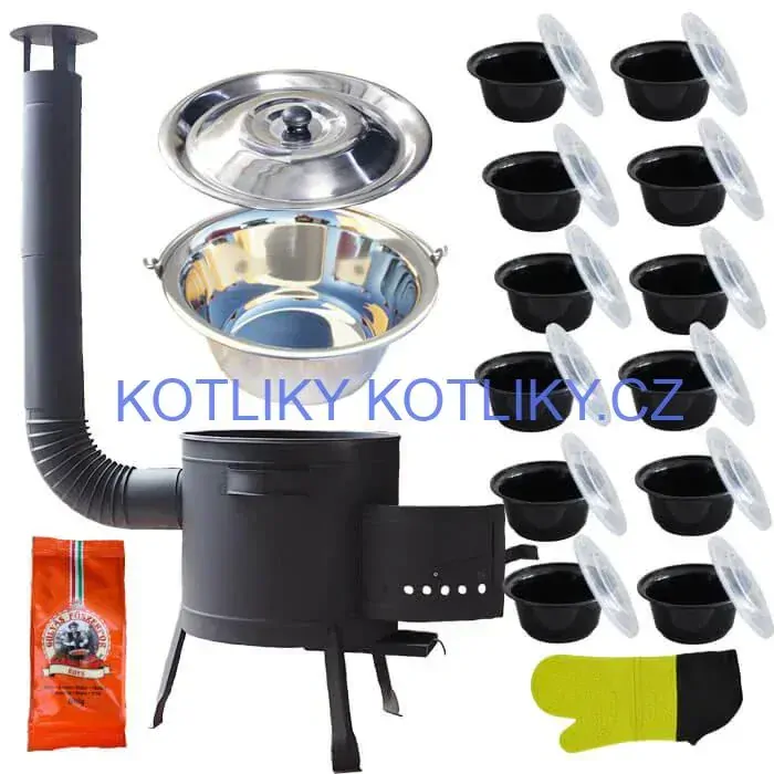 Nerezový kotlík 22 L (0,8 mm) + misky 12 ks + nízká žáruvzdorná kotlina (1,5 mm) 42 PLUS 600