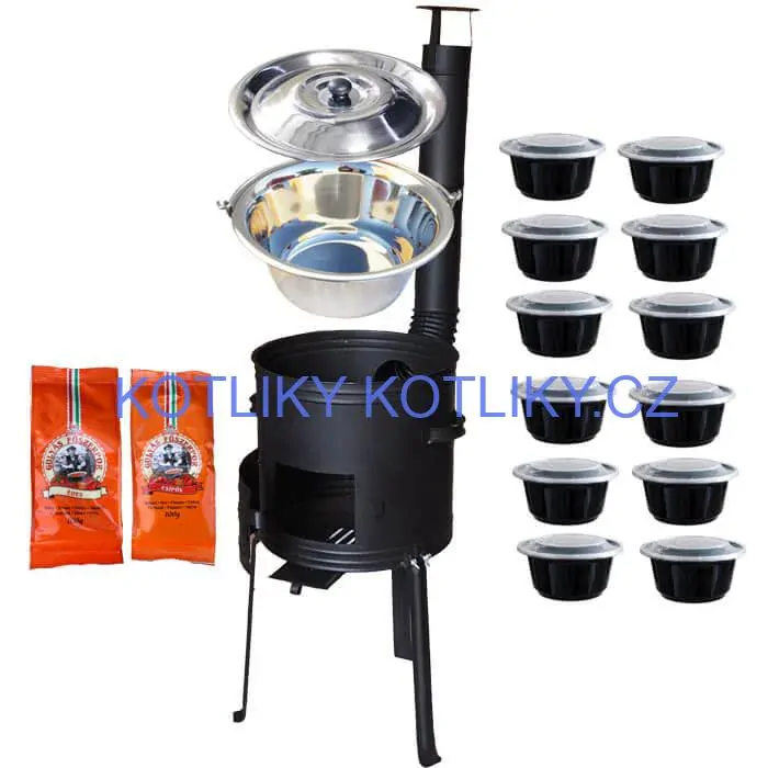Nerezový kotlík 22 L (0,8 mm) INOX + žáruvzdorná kotlina 42 cm Plus 700 + misky 12 ks + 2 x pepř na guláš 100 g