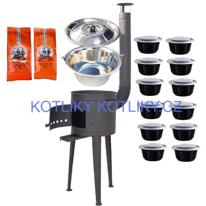 Nerezový kotlík 22 L (0,8 mm) INOX + vysoká žáruvzdorná kotlina 42 cm PLUS 600 + misky 12 ks + 2 x pepř na guláš 100 g