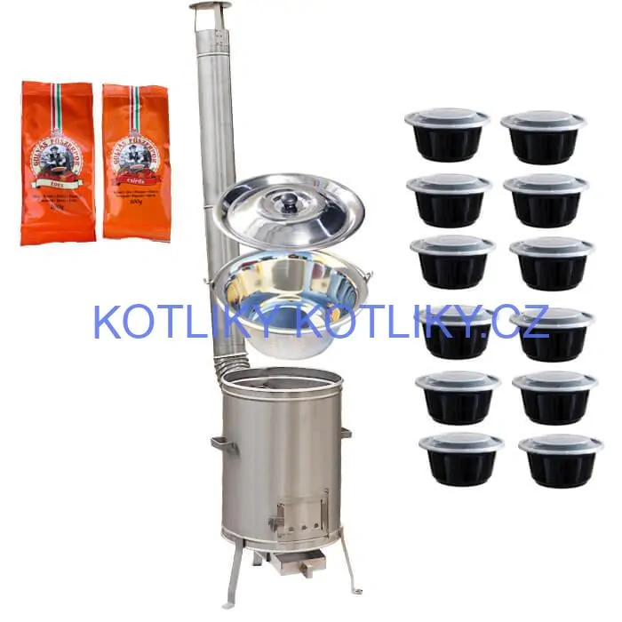 Nerezový kotlík 22 L (0,8 mm) INOX + nerezová kotlina 42 cm LUX + misky 12 ks + 2 x pepř na guláš 100 g