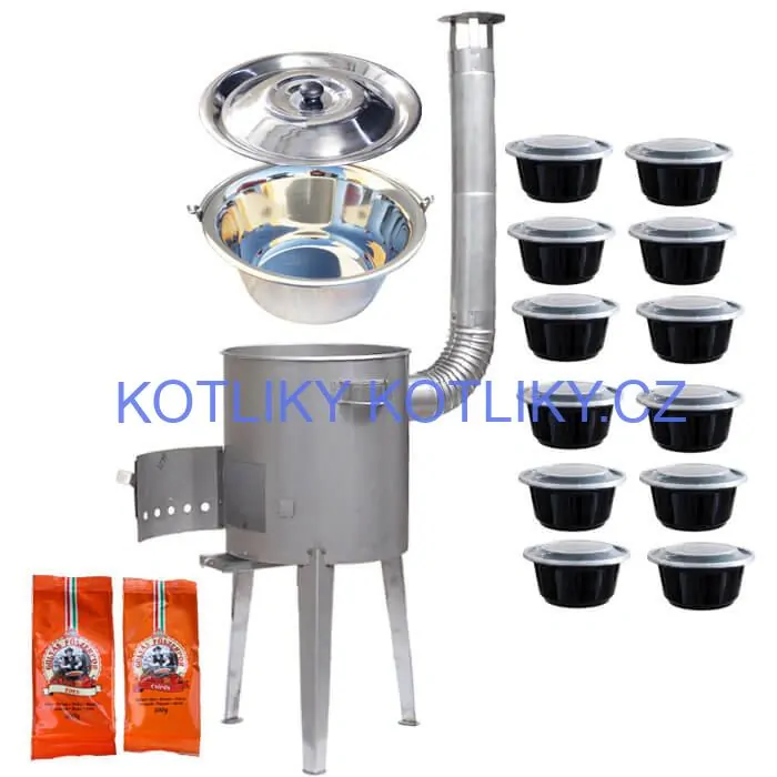 Nerezový kotlík 22 L (0,8 mm) INOX + nerezová kotlina 42 cm LUXUS + misky 12 ks + 2 x pepř na guláš 100 g