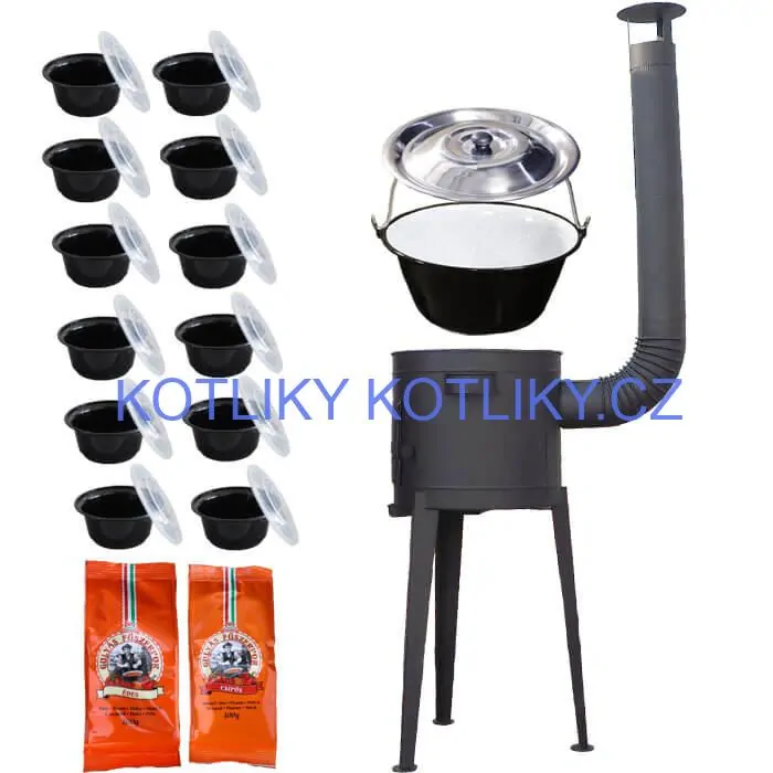 Smaltovaný kotlík 22 L (1,2 mm) + vysoká žáruvzdorná kotlina (2,0 mm) HODO 42 cm PLUS 600 + misky 12 ks + 2 x pepř na guláš 100 g