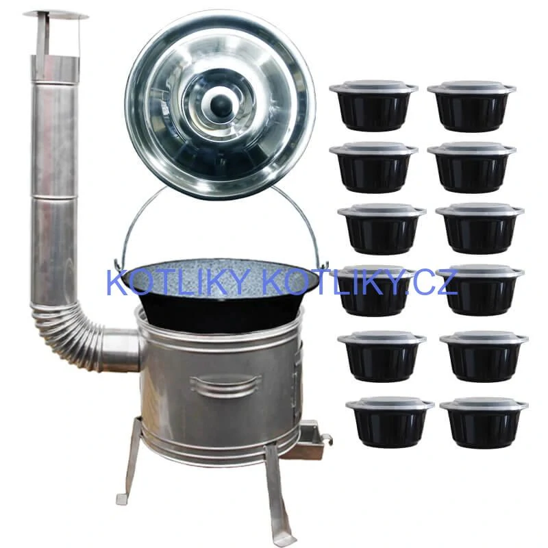 Smaltovaný kotlík 25 L + Nerezová kotlina 42 INOX + misky 12 ks
