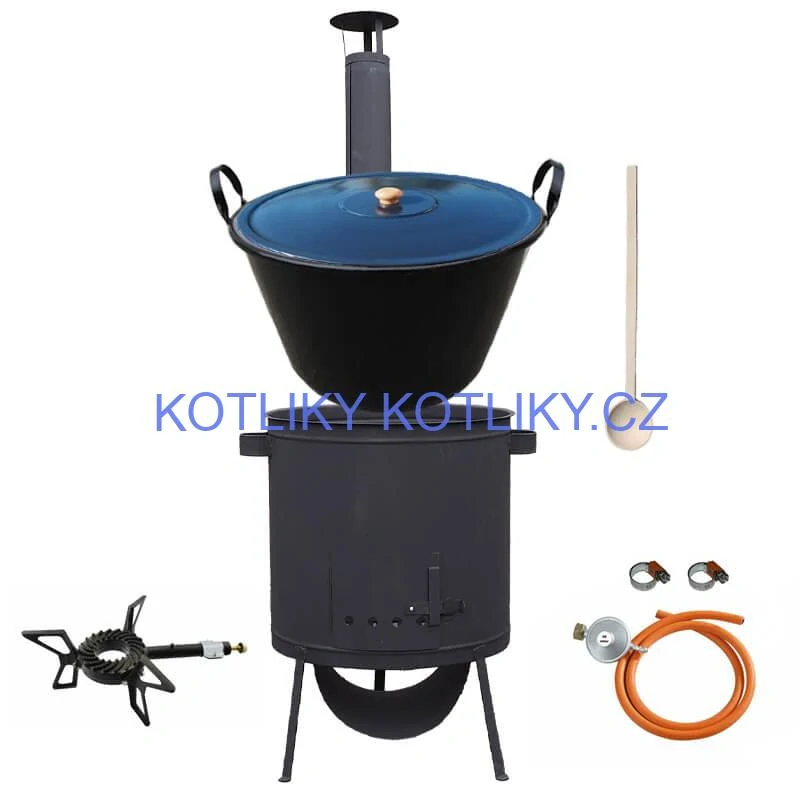 Smaltovaný kotel 70 L na zabijačku + žáruvzdorná kotlina 53 PLUS 600 4 MM + hořák 7,5 kW + vařečka