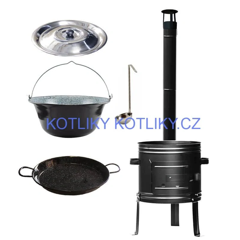Smaltovaný kotlík 25 L + kovová kotlina + smaltovaná pánev 46 cm Paella