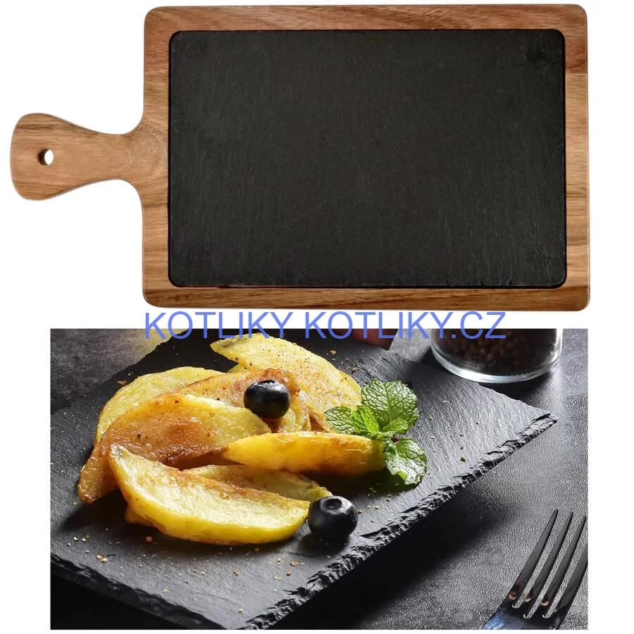 Servírovací podnos s břidlicovou deskou a rukojetí z akáciového dřeva 26 x 18 cm