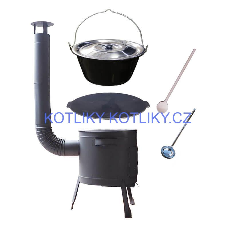Smaltovaný kotlík 22 L + litinová pánev 45 cm + nízká žáruvzdorná kotlina 42 cm PLUS 600