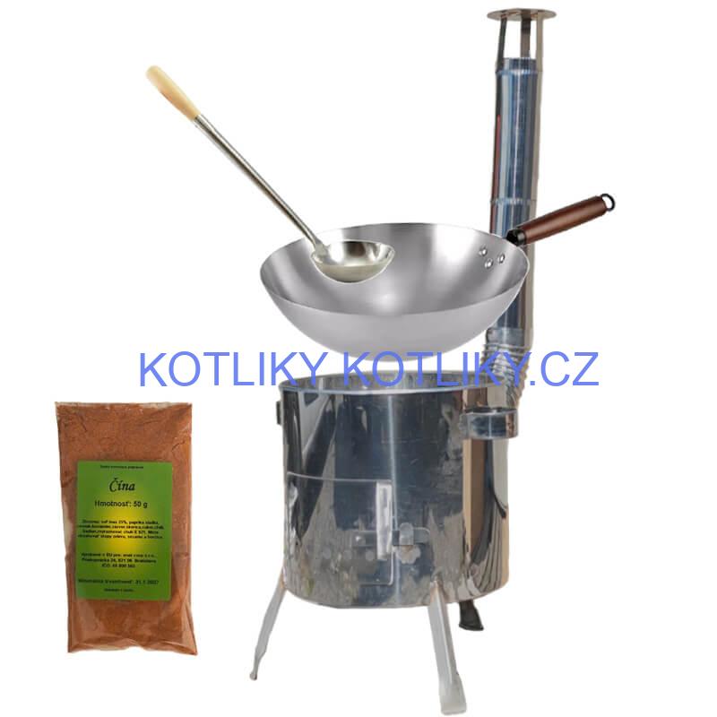 Nerezový kotlík 10 L (0,8 mm) + nerezová kotlina 31 INOX LUSTRO + Wok + koření 50 g
