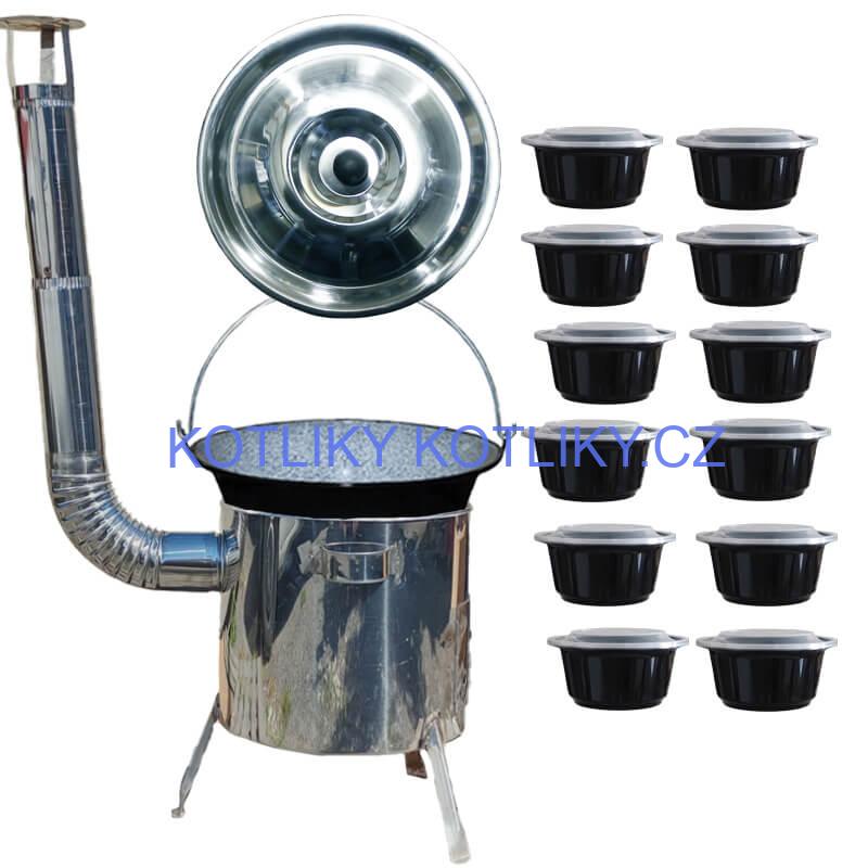 Smaltovaný kotlík 13 L + nerezová kotlina 36 INOX LUSTRO + misky 12 ks