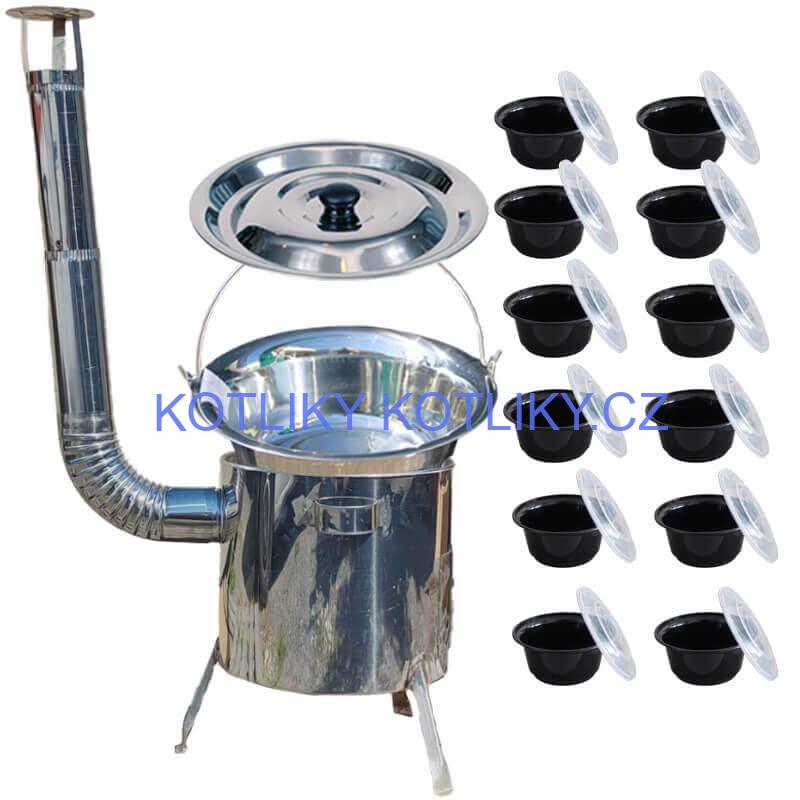Nerezový kotlík 14 L (0,8 mm) INOX + Nerezová kotlina 36 INOX LUSTRO + misky 12 ks