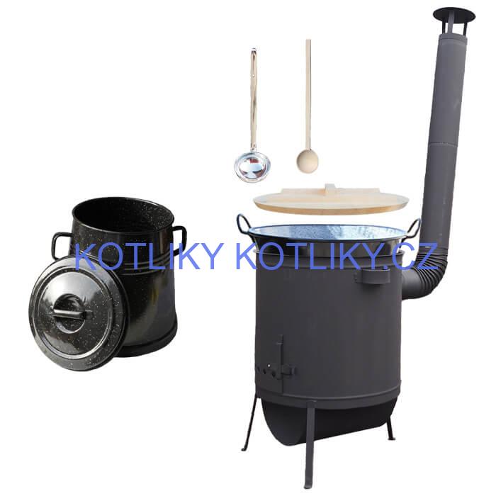 Smaltovaný kotel 100 L + žáruvzdorná kotlina 60 cm PLUS 600 + Nádoba na sádlo 10 L
