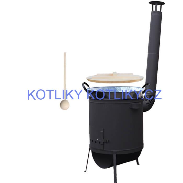 Zabijačkový smaltovaný kotel 100 L, žáruvzdorná kotlina 42 PLUS 600 4 MM, dřevěná poklice + vařečka
