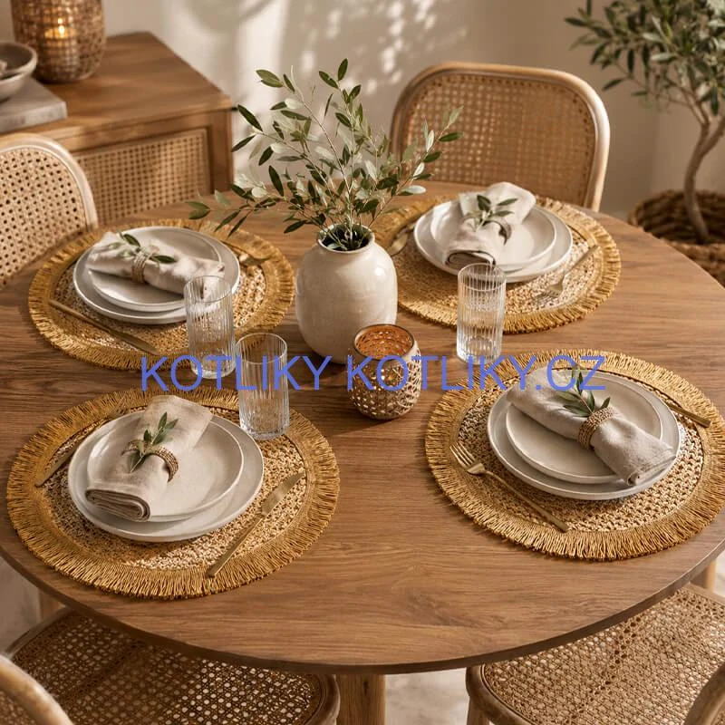 Kulaté přírodní podložky pod talíř se třásněmi 37 cm, 4 ks