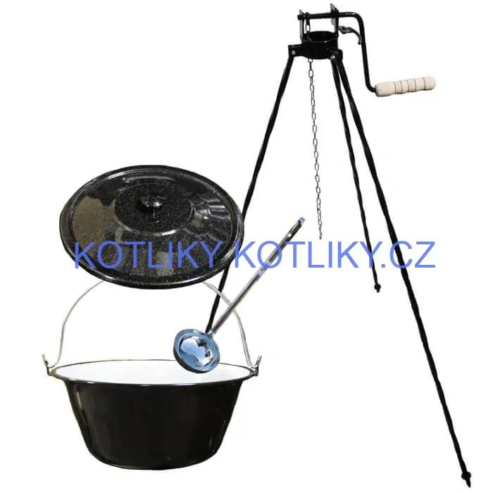 Smaltovaný kotlík 13 L + poklice + stojan s kladkou VAR