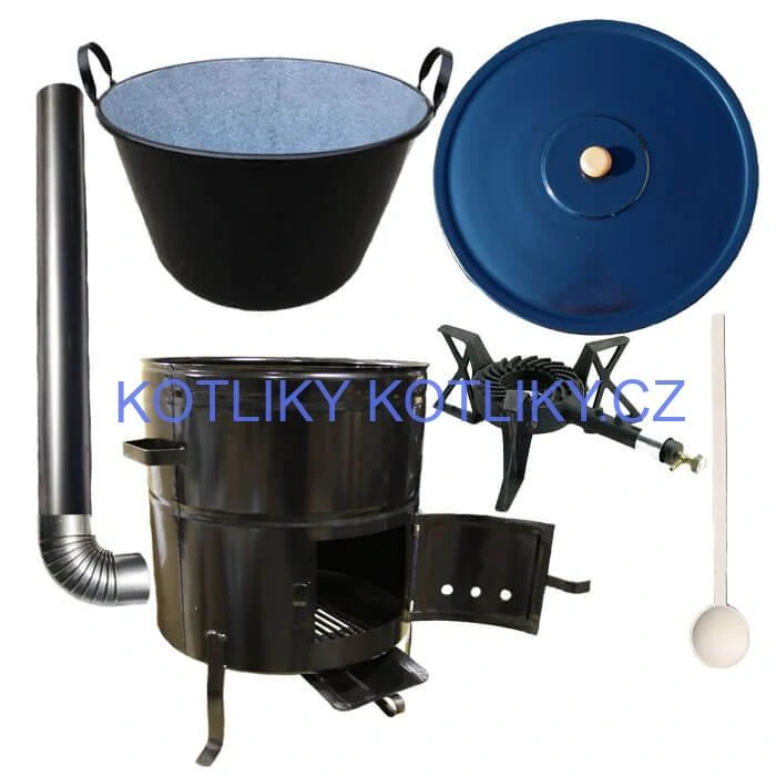 Zabijačkový smaltovaný kotel 50 L + kovová kotlina 50 cm + hořák 7 kW + kouřovod