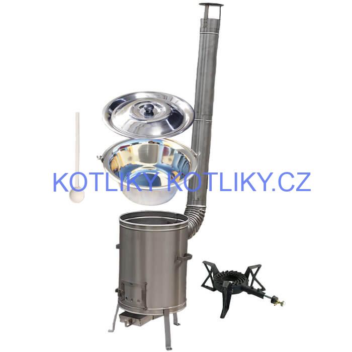 Nerezový kotlík 10 L (1,2 mm) + nerezová kotlina 36 cm + litinový hořák 7 kW, vařečka LUX