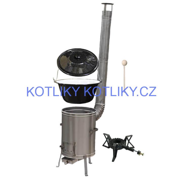 Smaltovaný kotlík 13 L (1,2 mm) + nerezová kotlina 36 cm + litinový hořák 7 kW, vařečka LUX