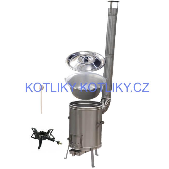Nerezový kotlík 15 L (1,5 mm) + nerezová kotlina 36 cm + litinový hořák 7 kW, vařečka LUX