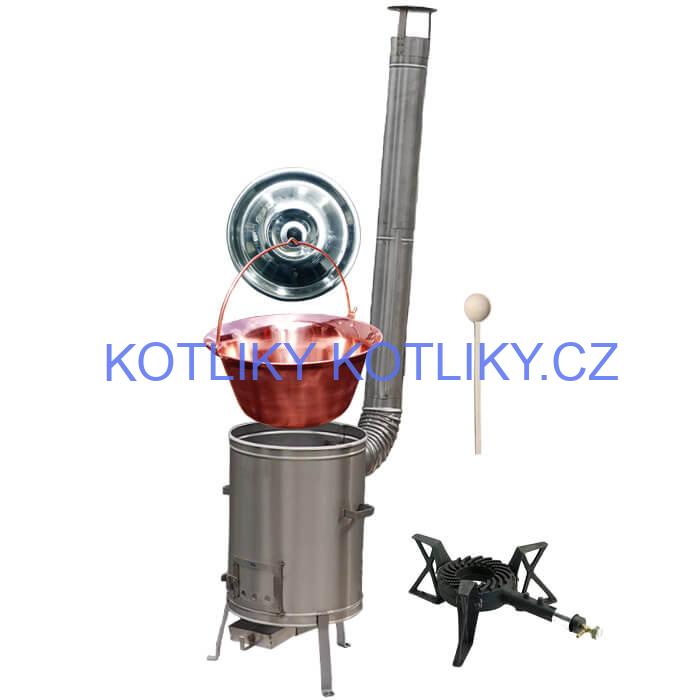 Měděný kotlík 20 L (1,2 mm) + nerezová kotlina 42 cm + litinový hořák 7 kW, vařečka LUX
