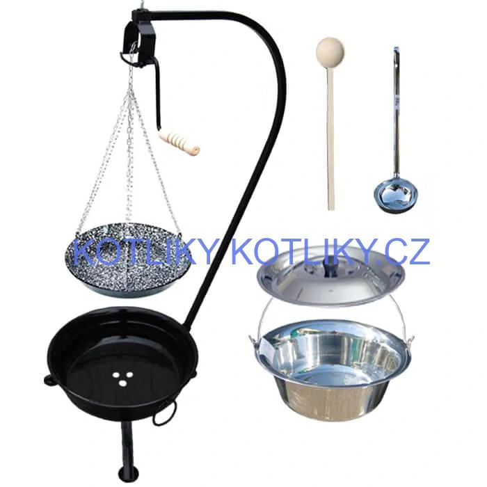 Nerezový kotlík 14 L (0,8 mm) INOX + smaltovaná pánev + ohniště se stojanem as pojistnou kladkou VAR