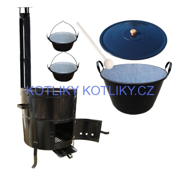 Zabijačkový smaltovaný kotel 80 L + kovová kotlina 58 cm + 2 servírovací kotlíky  a kouřovod