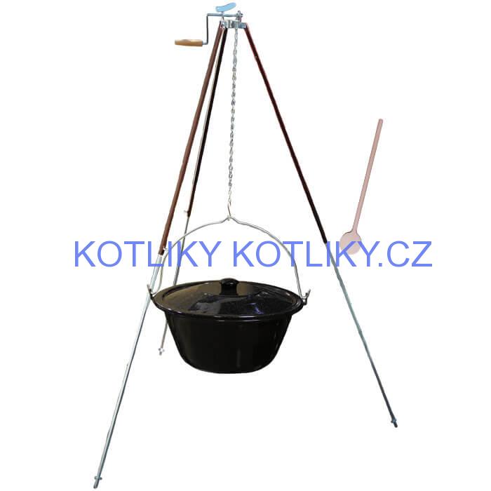 Smaltovaný kotlík 30 L (1,2 mm) + teleskopická trojnožka s pojistnou kladkou + poklice